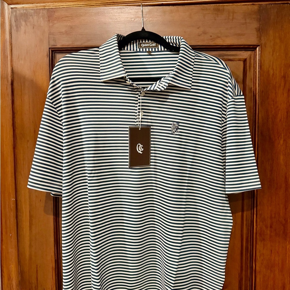 Quiet Golf Striped Polo Shirt in Navy & White